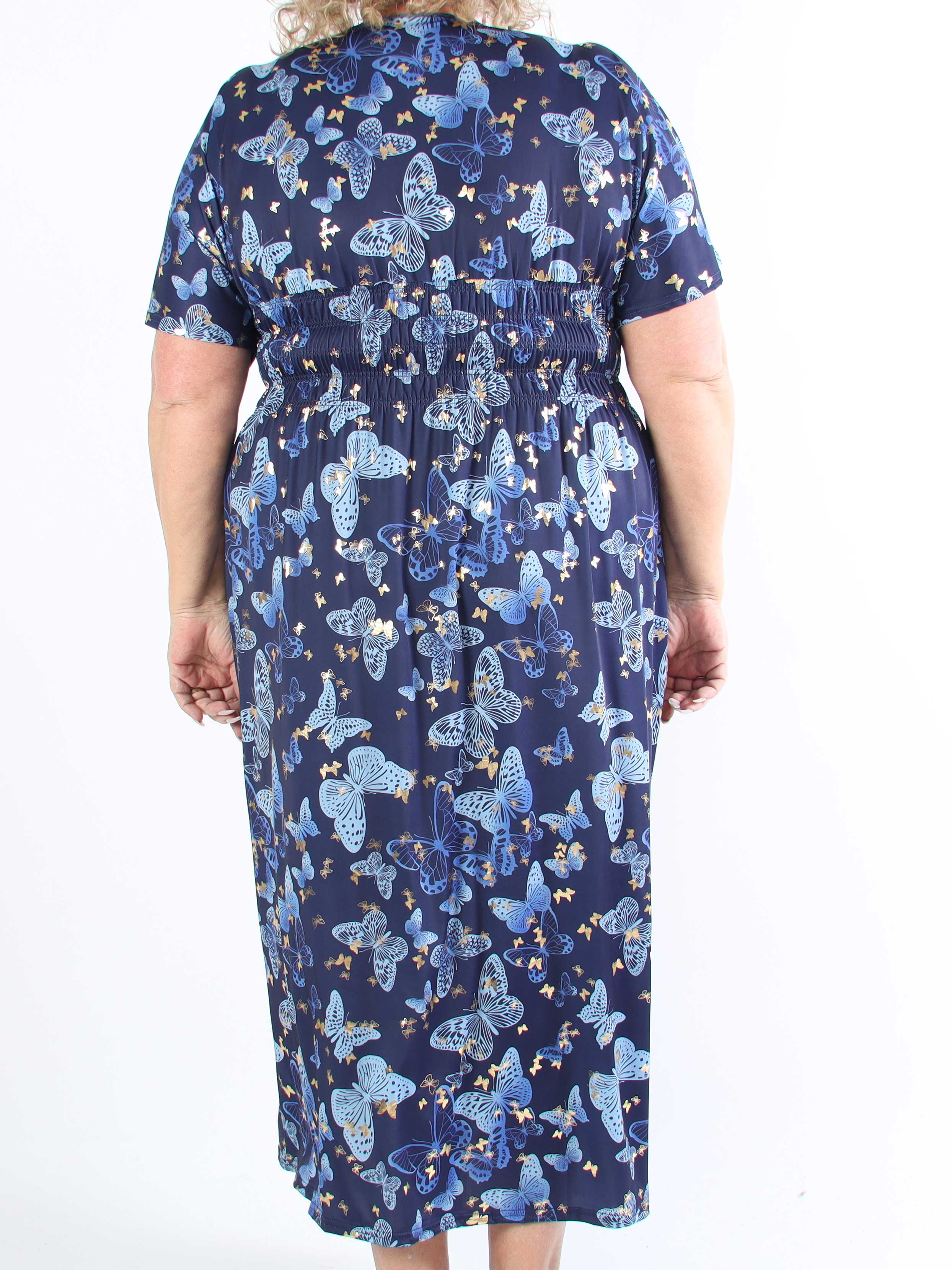 Pams Butterfly - Lang elastisk plus size kjole med smock i livet